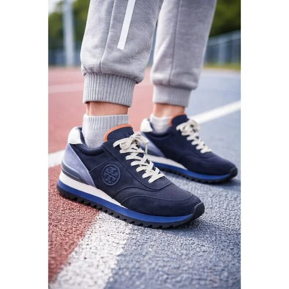 Tory Burch Navy Suede Mesh Sneakers Women’s 9.5 Suede Textile Upper Logo Trainer - Picture 13 of 14